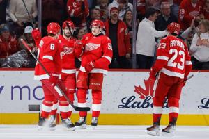 Edvinsson scores two goals as Red Wings erase four-goal deficit, beat Blues 6-4