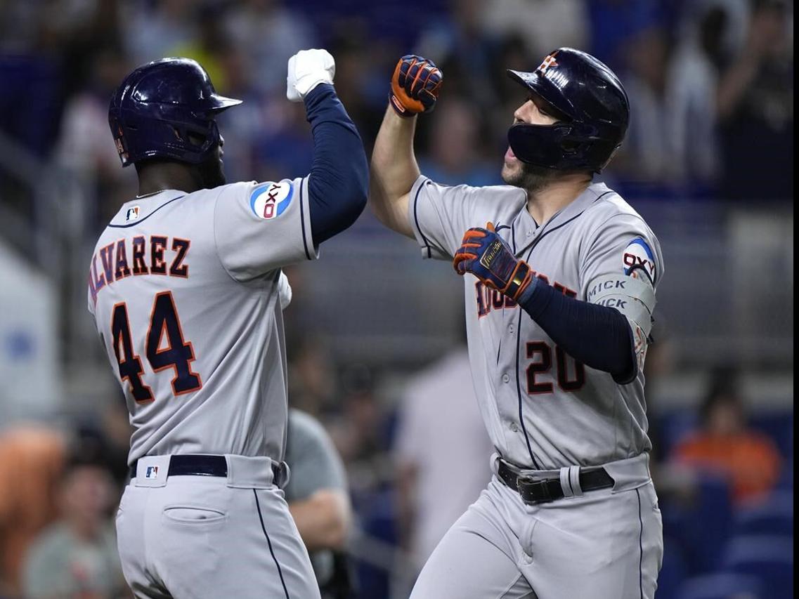 LOS ANGELES, CA - AUGUST 03: Houston Astros left fielder Yordan Alvarez  (44) watches his hit during the MLB game between the Houston Astros and the  Los Angeles Dodgers on August 3