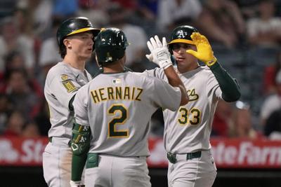 Athletics erupt for seven runs in third inning of a 10-4 win over Angels