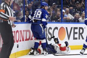 Tampa Bay's Brandon Hagel exits Game 4 after high hit from Aaron Ekblad