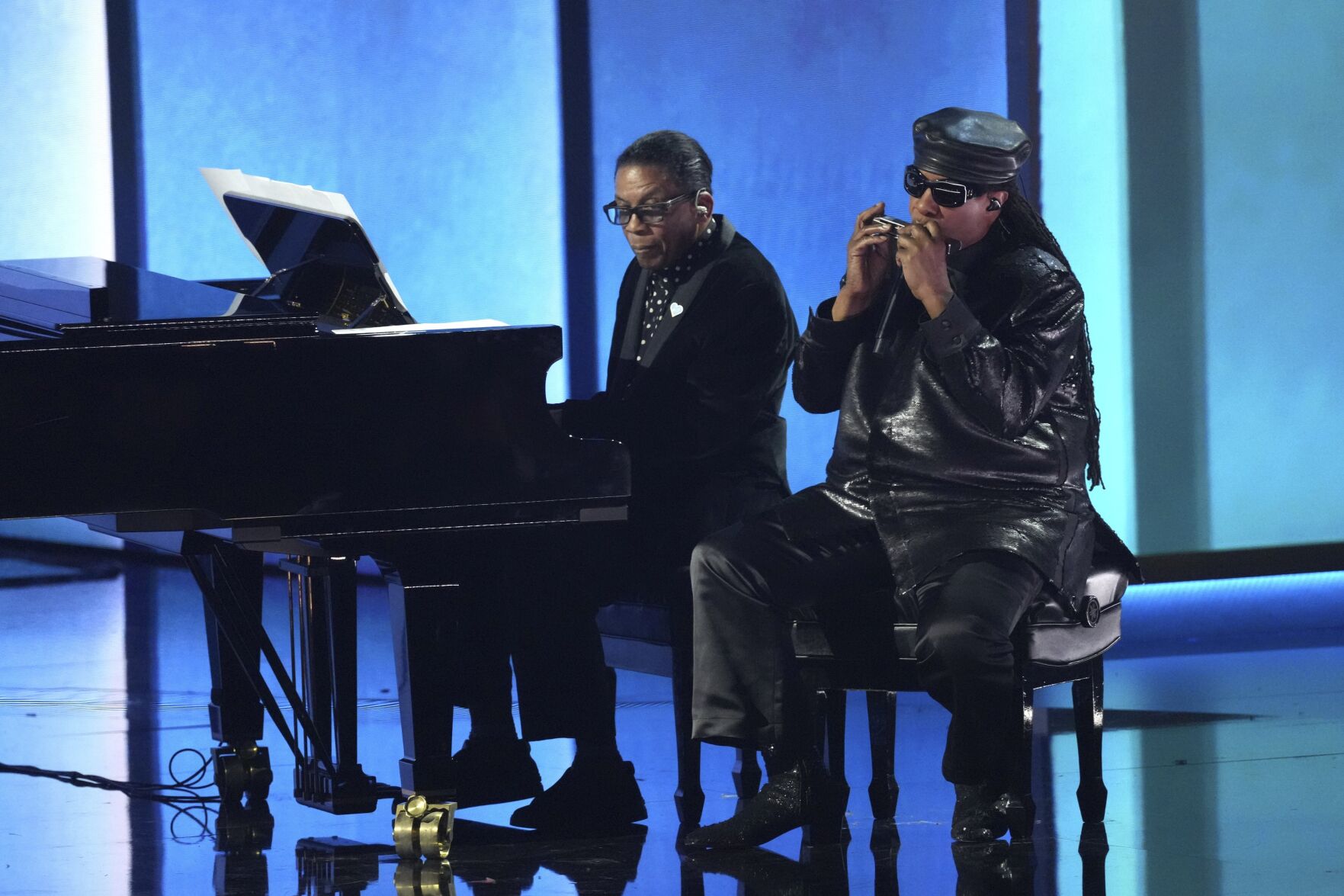 Herbie Hancock, left, and Stevie Wonder perform during the ‍67th annual Grammy Awards on Feb. 2, 2025, in Los Angeles. 