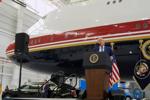 President Donald Trump unveils the new Air Force One, a converted Qatari jet