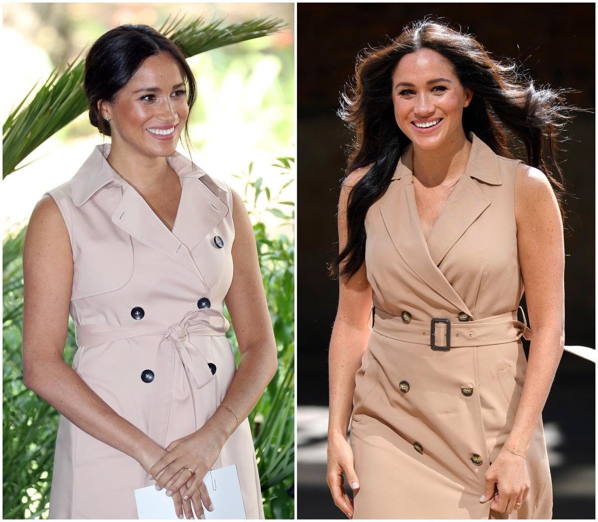 Meghan, Duchess of Sussex Wears A Beige Sleeveless Trench Dress with  Matching Beige Pointed Toe Pumps, Meghan Markle Has The Perfect Dress for  Every Occassion of the Southern Africa Royal Tour