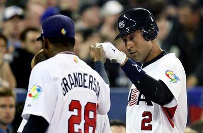 Team USA's Derek Jeter (no. 2) and teammates celebrate their 15-6 win over  Venezuela in Round 1 of the World Baseball Classic at the Rogers Center in  Toronto, Canada on March 8