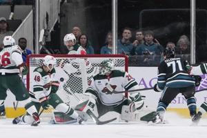 Macklin Celebrini, NHL's youngest player, scores on Marc-Andre Fleury, league's oldest