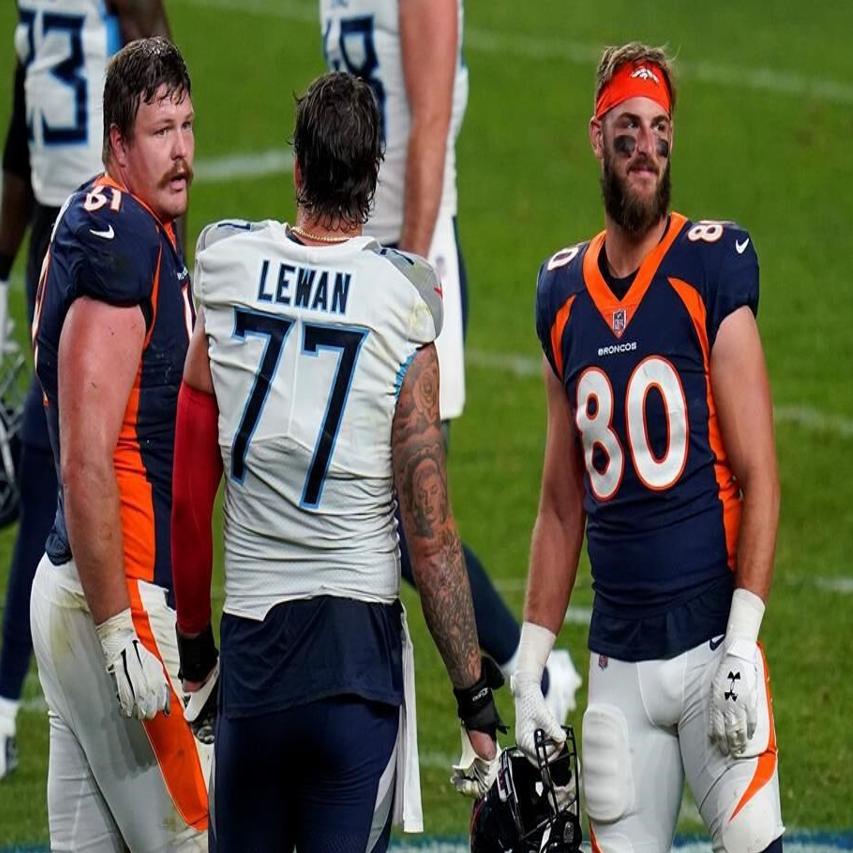 Denver Broncos tight end Jake Butt (80) takes part in drills