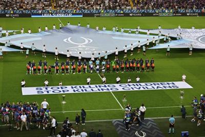 UEFA rolls out banner in support of children in war zones ahead of Super Cup
