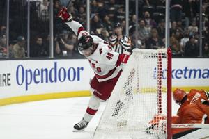 Taylor Hall scores his 6th career hat trick in the 3rd period, leading Hurricanes past Ducks 5-2