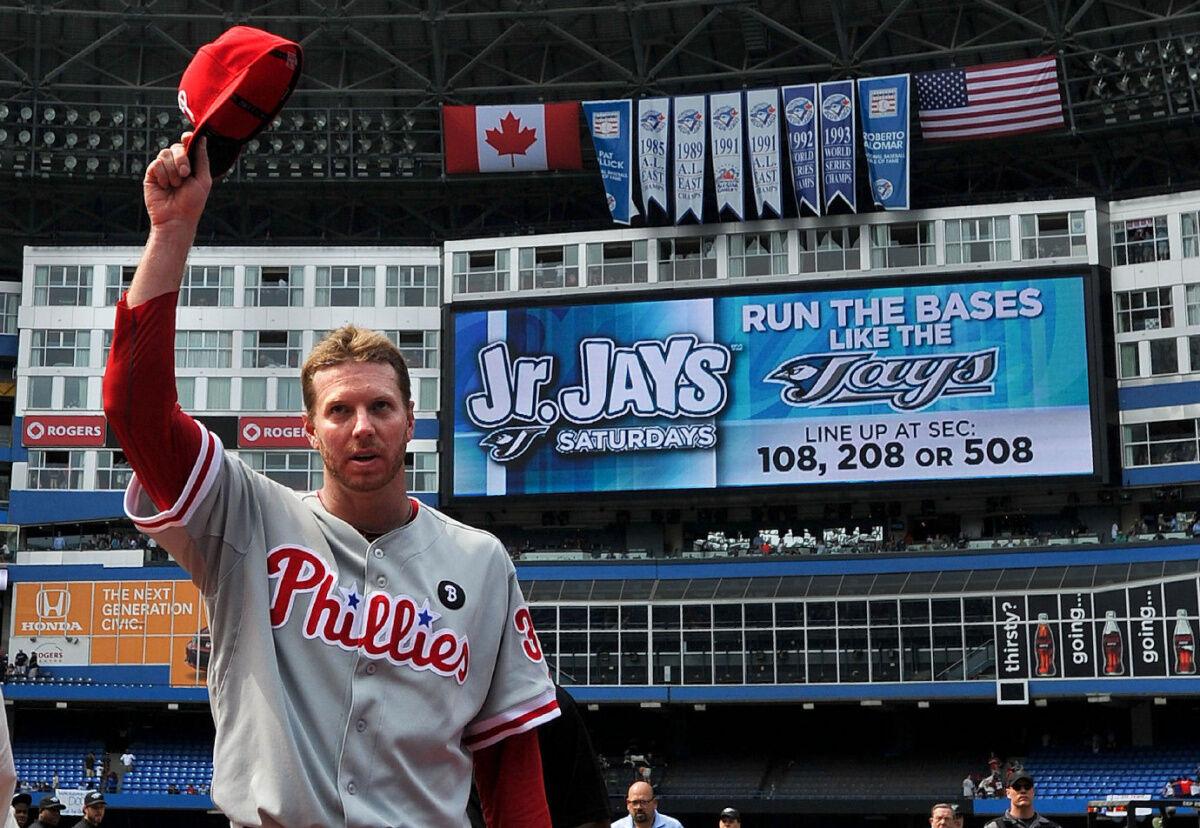 Toronto Blue Jays starting pitcher Roy Halladay #32 on his way to pitching  a one hitter at the Rogers Centre during a Major League Baseball game  between the New York Yankees and