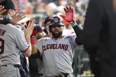 Guardians 1B Carlos Santana scratched as precaution against Tigers with tightness in left leg