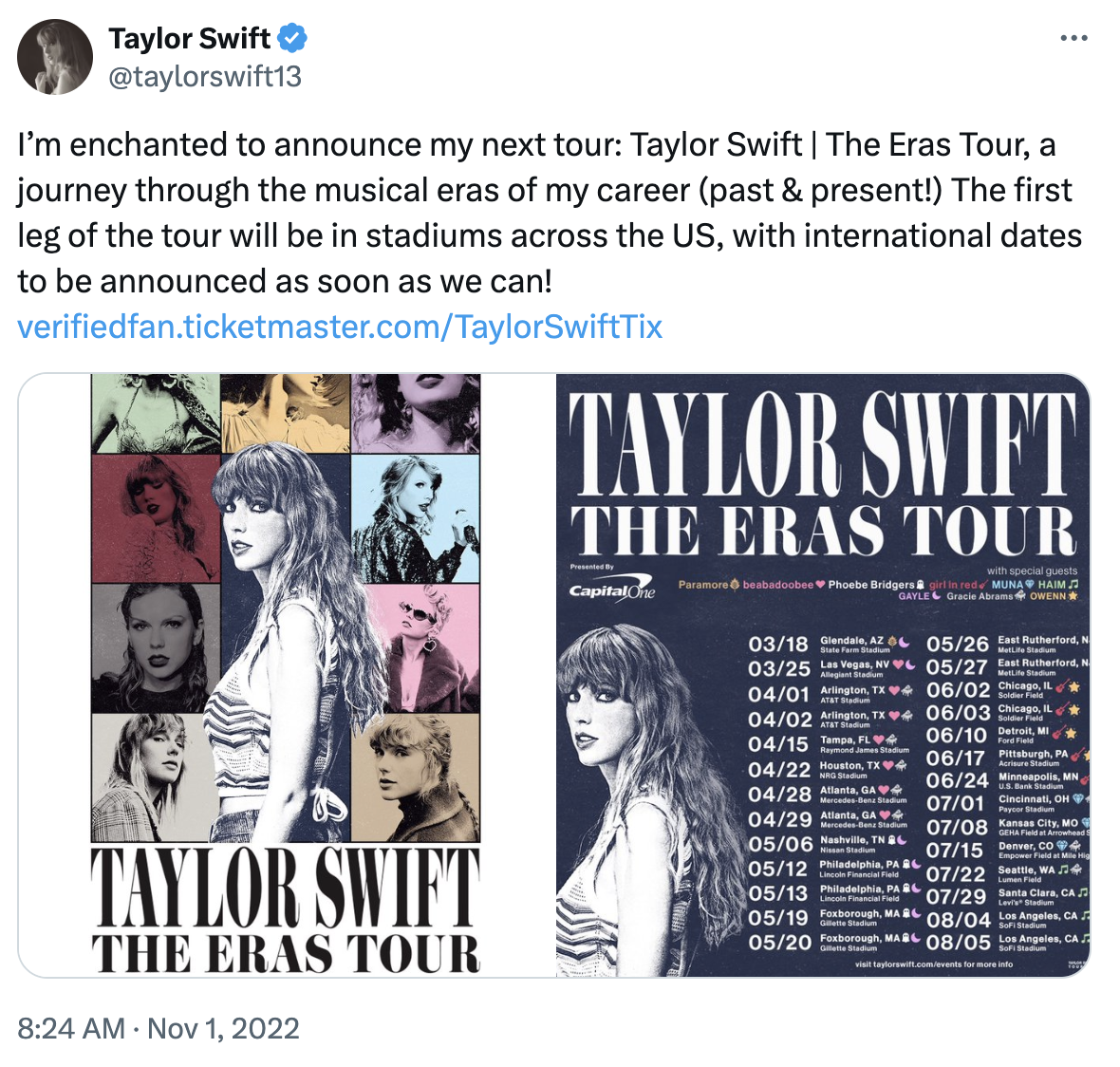 Swift on X: I’m enchanted to announce my next tour: Taylor Swift The Eras Tour, a journey through the musical eras of my career (past & present!) The first leg of the tour will be in stadiums across the US, with international dates to be announced as soon as we can!