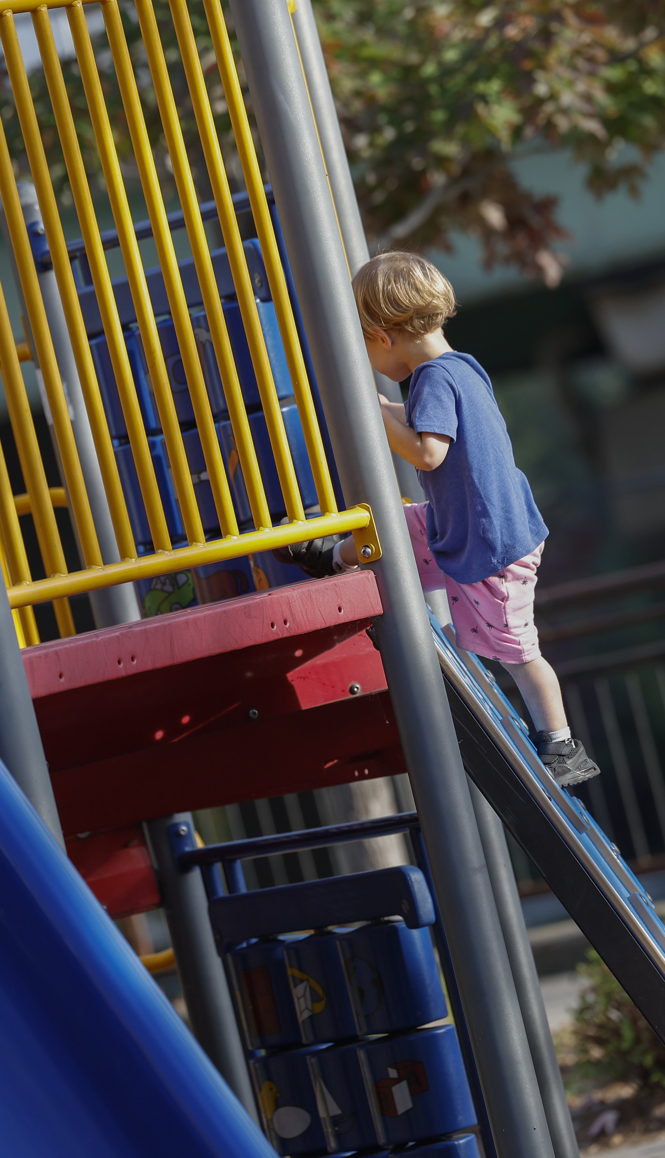 A young boy climbing in a jungle gym