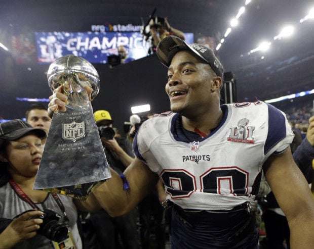 New England Patriots quarterback Tom Brady celebrates after Super Bowl LI  at NRG Stadium in Houston on February 5, 2017. The Patriots defeated the  Falcons 34-28 in the Super Bowl's first overtime