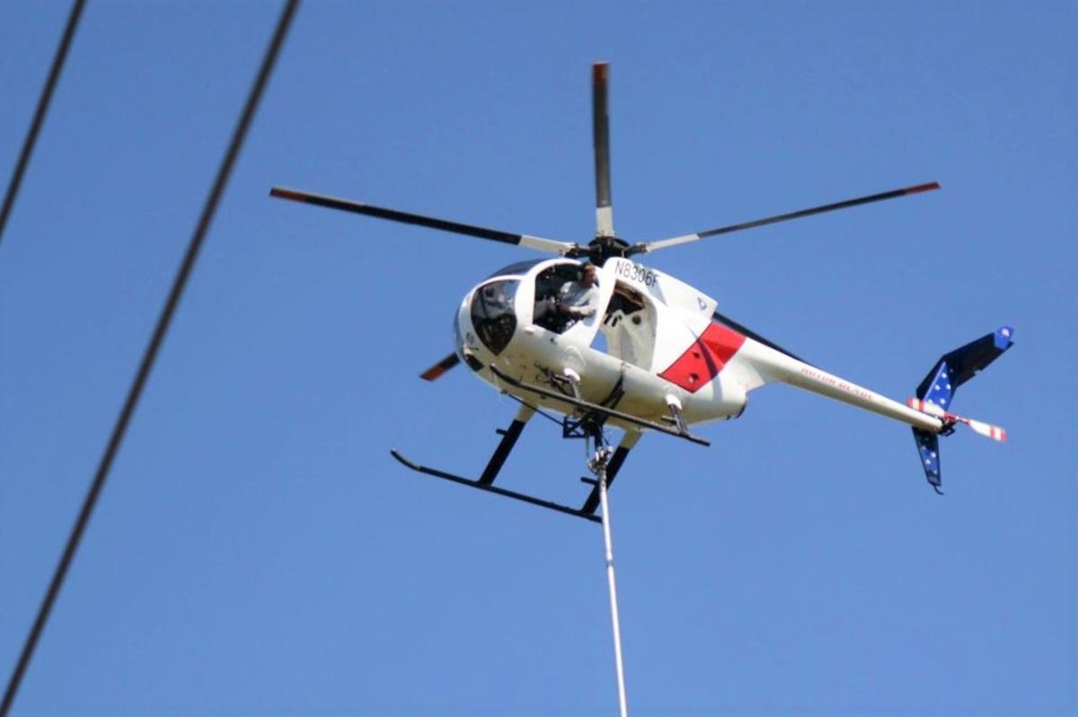 Lowflying helicopter trimming trees in region; 10 blades help clearing