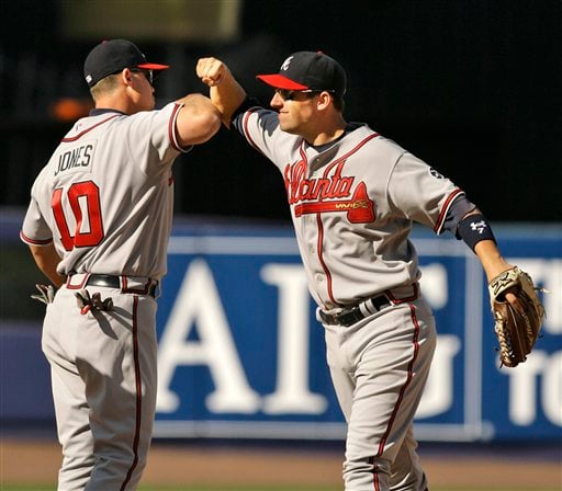 Atlanta Braves' Andruw Jones (25) is greeted at the dugout by