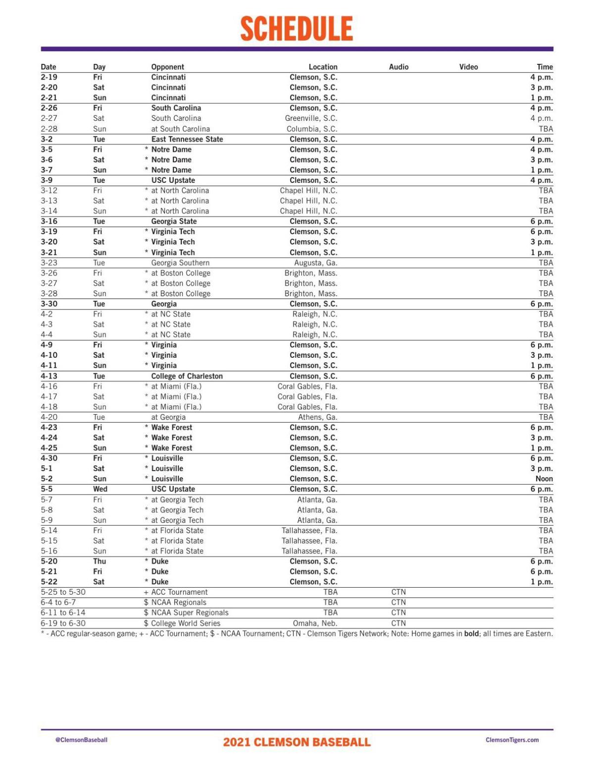 Clemson Baseball Schedule 2022
