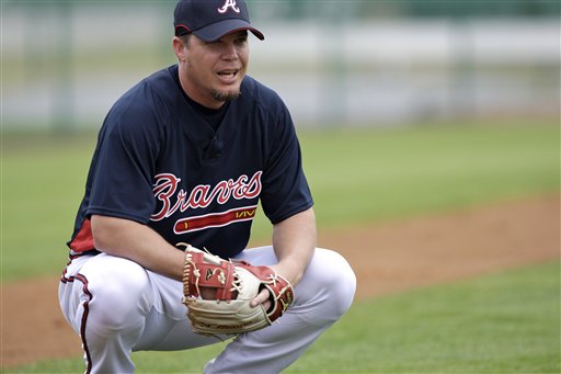 Atlanta Braves' Dan Uggla, right, bangs forearms with Chipper