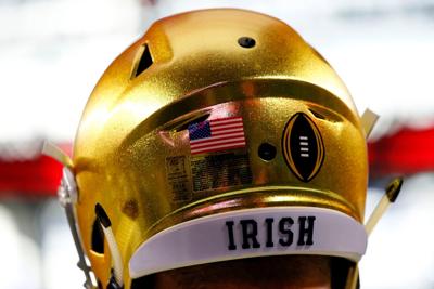 A detailed view of a Notre Dame Fighting Irish player's helmet showing the CFP logo during the College Football Playoff Semifinal Goodyear Cotton Bowl Classic against the Clemson Tigers at AT&T Stadium on December 29, 2018 in Arlington, Texas.