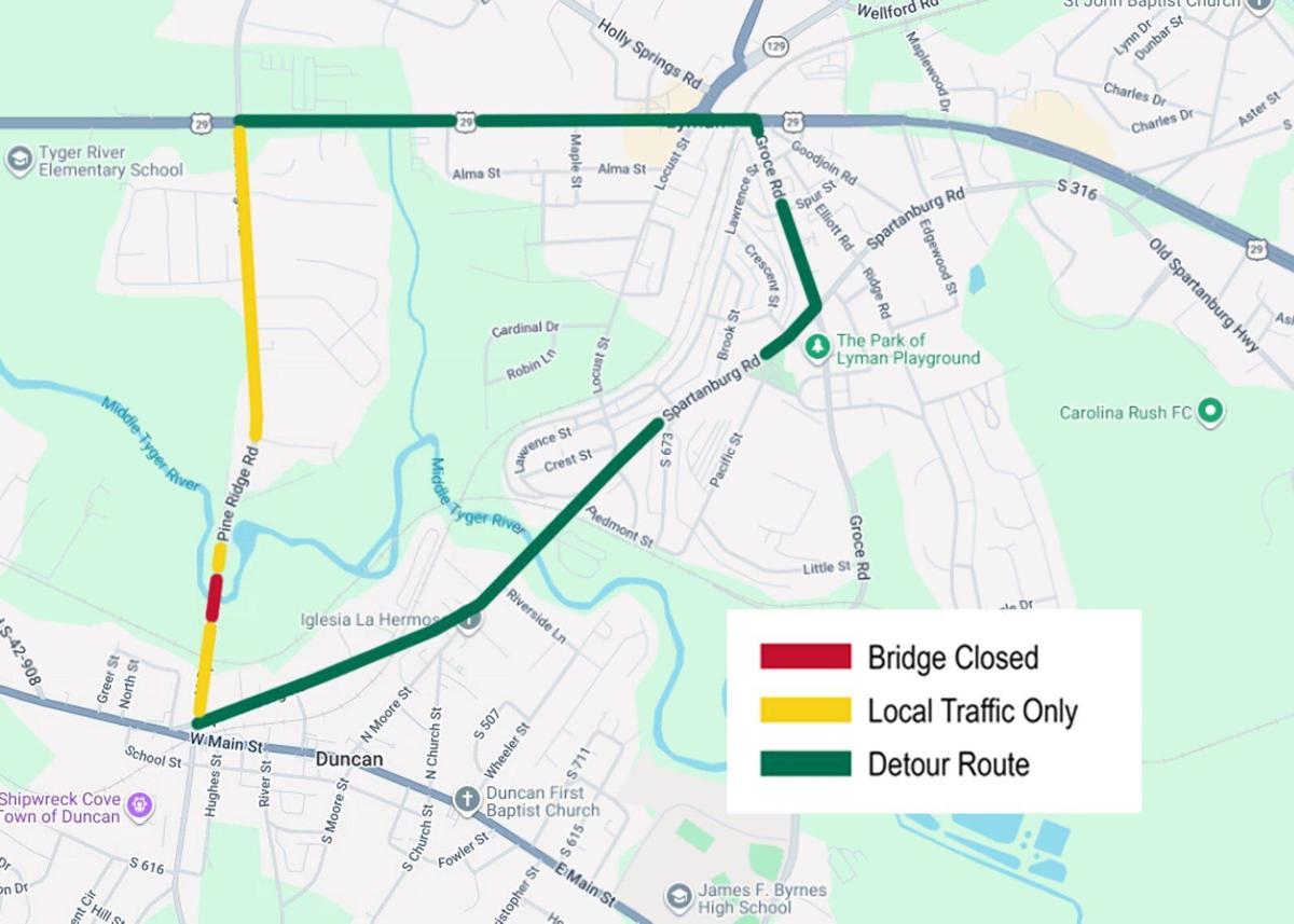 SCDOT closes, detours Pine Ridge Road bridge over Middle Tyger River for repairs in Spartanburg County