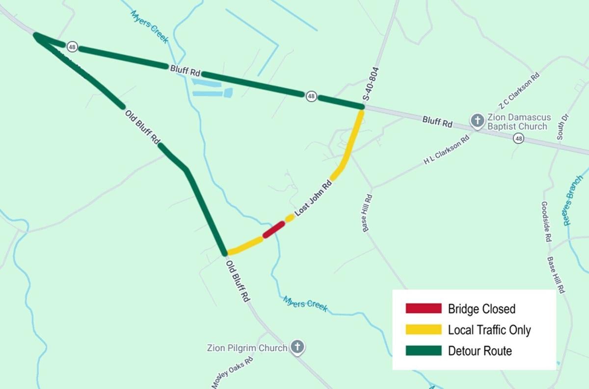 SCDOT to close and detour Lost John Road bridge over Cabin Creek in Richland County for repairs