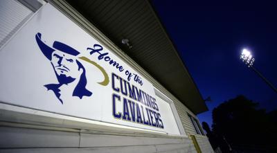 The school's sports logo at Hugh M Cummings High School under the lights as varsity coaching staff salute senior athletes from the football field due to the school closures because of the Coronavirus pandemic. All the Alamance-Burlington School System s...