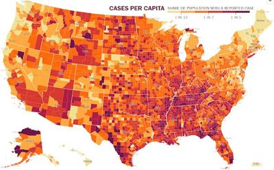 New York Times map, adapted by Ky. Health News, shows southeast Kentucky has been a hot spot. Knox County, site of the photo, is the central county in the state's main hot spot.