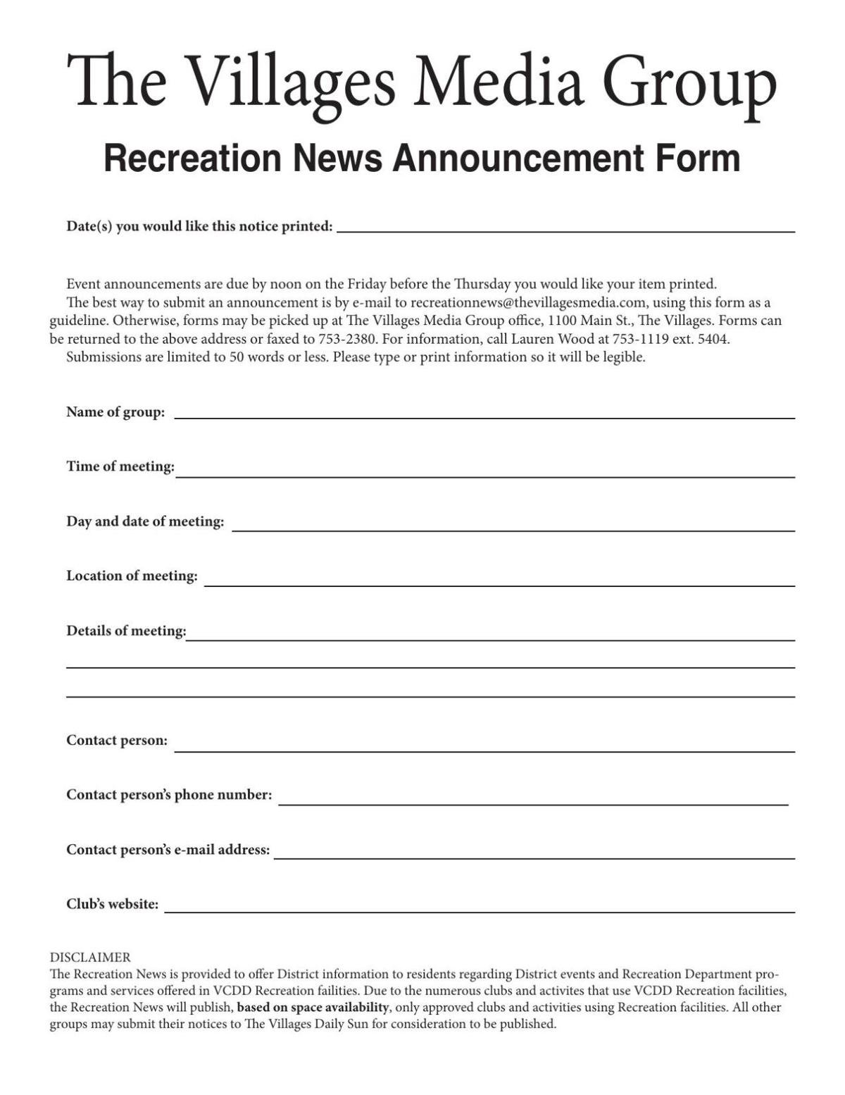 Rec News Submission Form PDF | Recreation News | The Villages Daily Sun ...