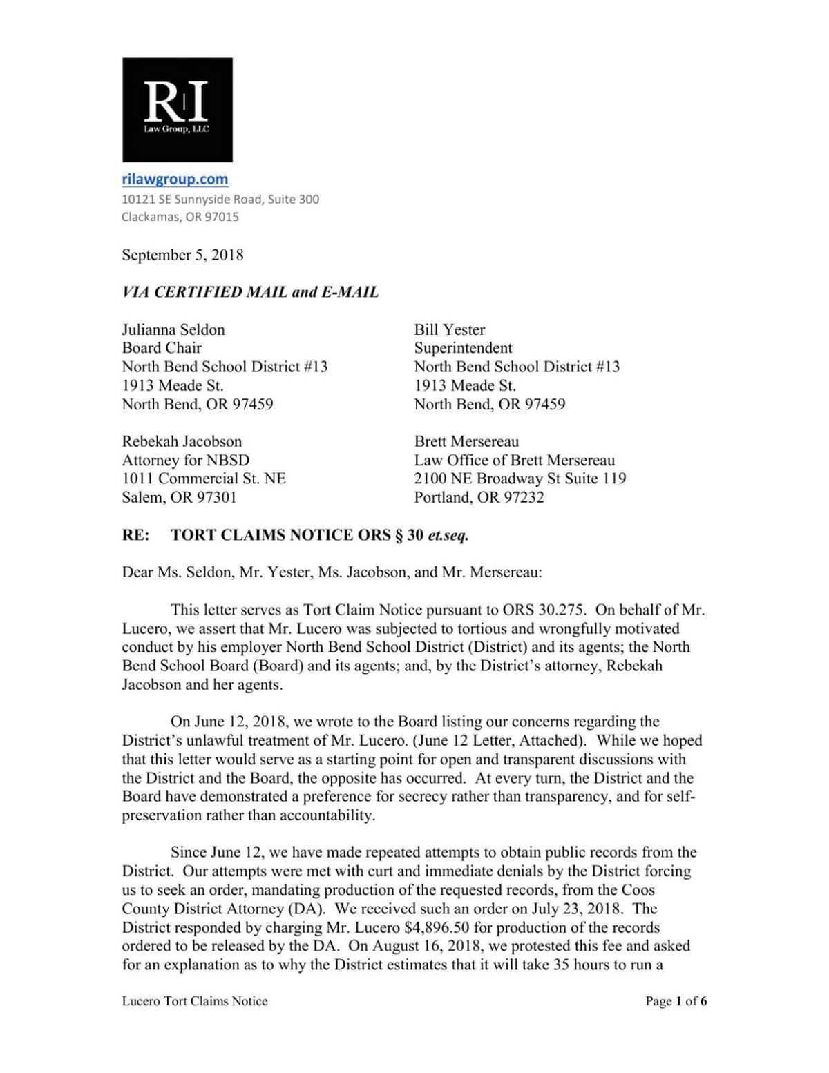 former north bend high school principal bill lucero files self employment letter