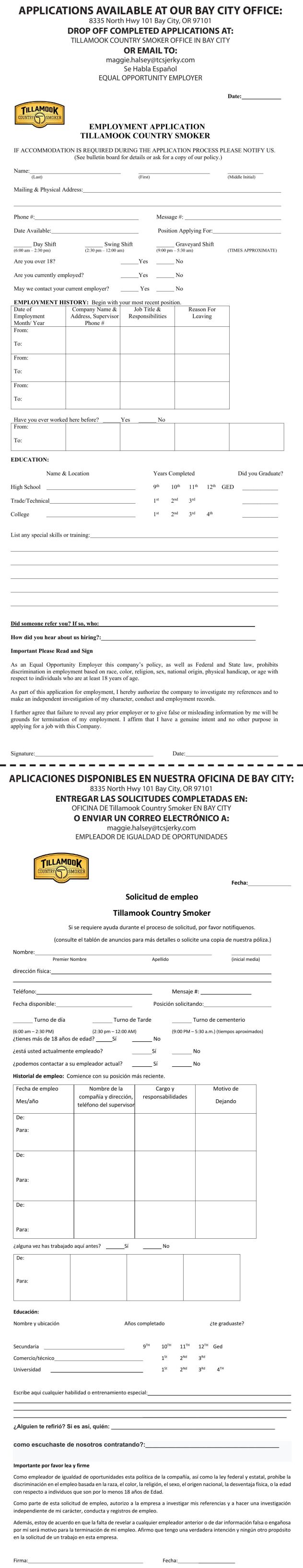 Tillamook County Smoker Employment Application