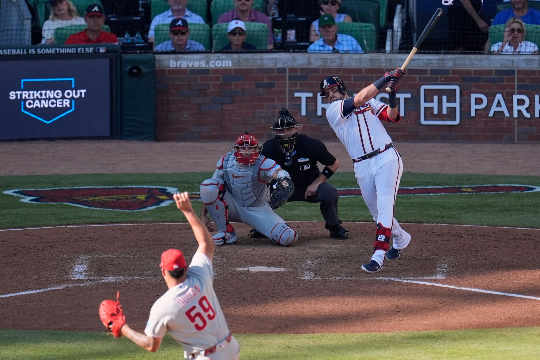 Jhoan Duran pitching during the 2026 MLB playoffs game against the Braves