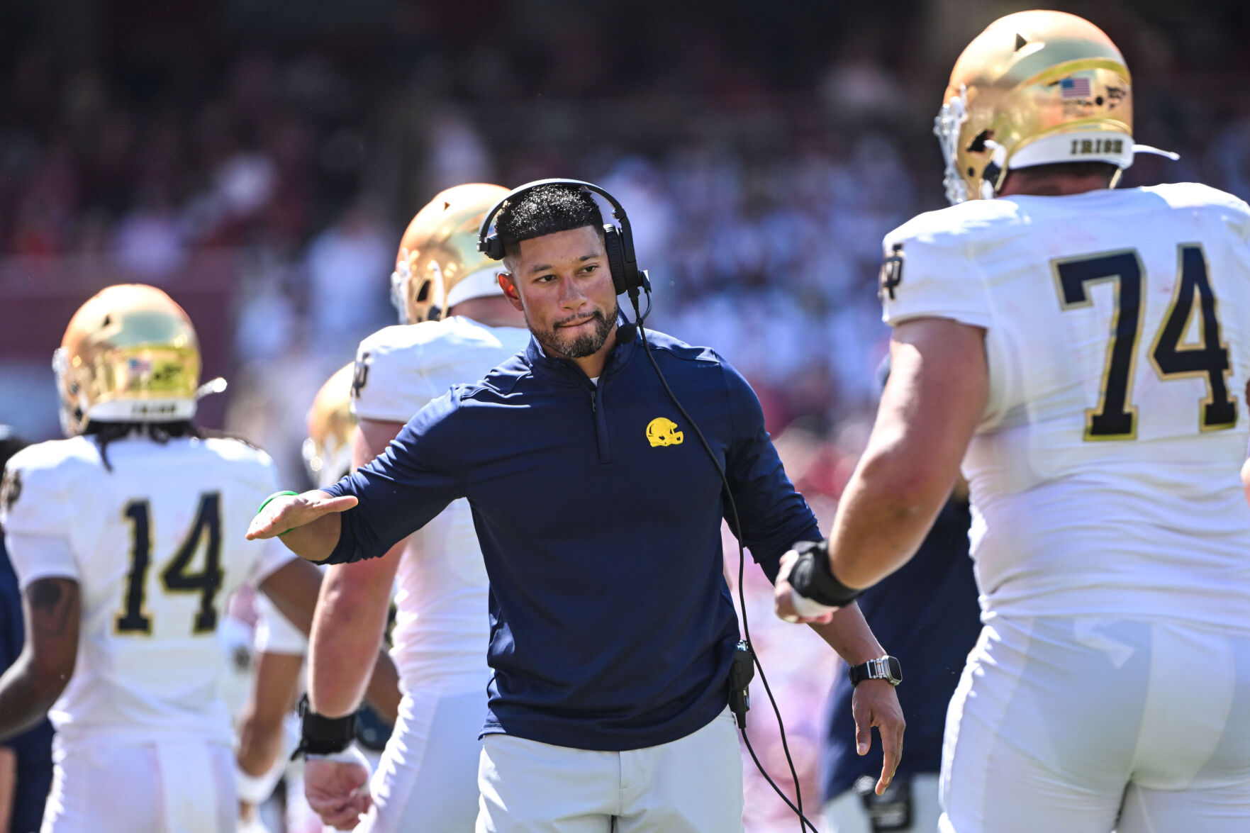 Marcus Freeman coaching during 2026 Notre Dame vs Wisconsin game