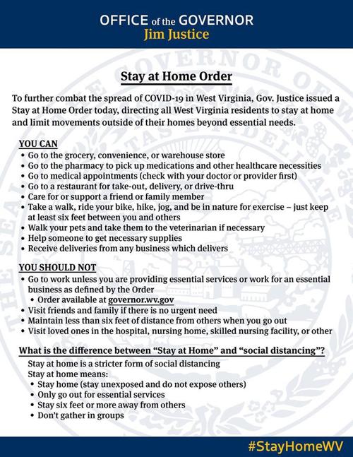 Updated West Virginia Governor Issues Stay At Home Order