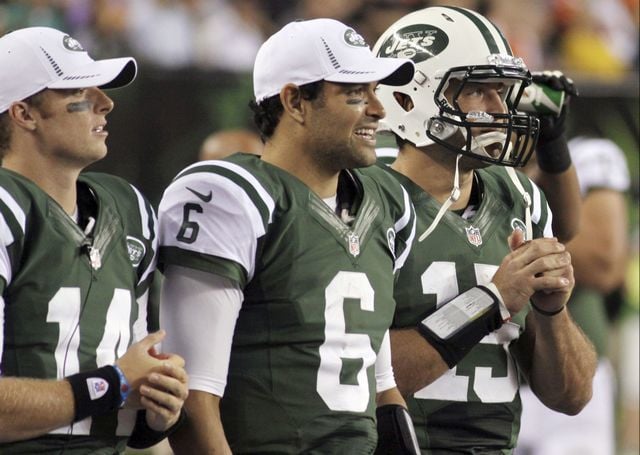 New York Jets quarterback Mark Sanchez (6) after throwing his