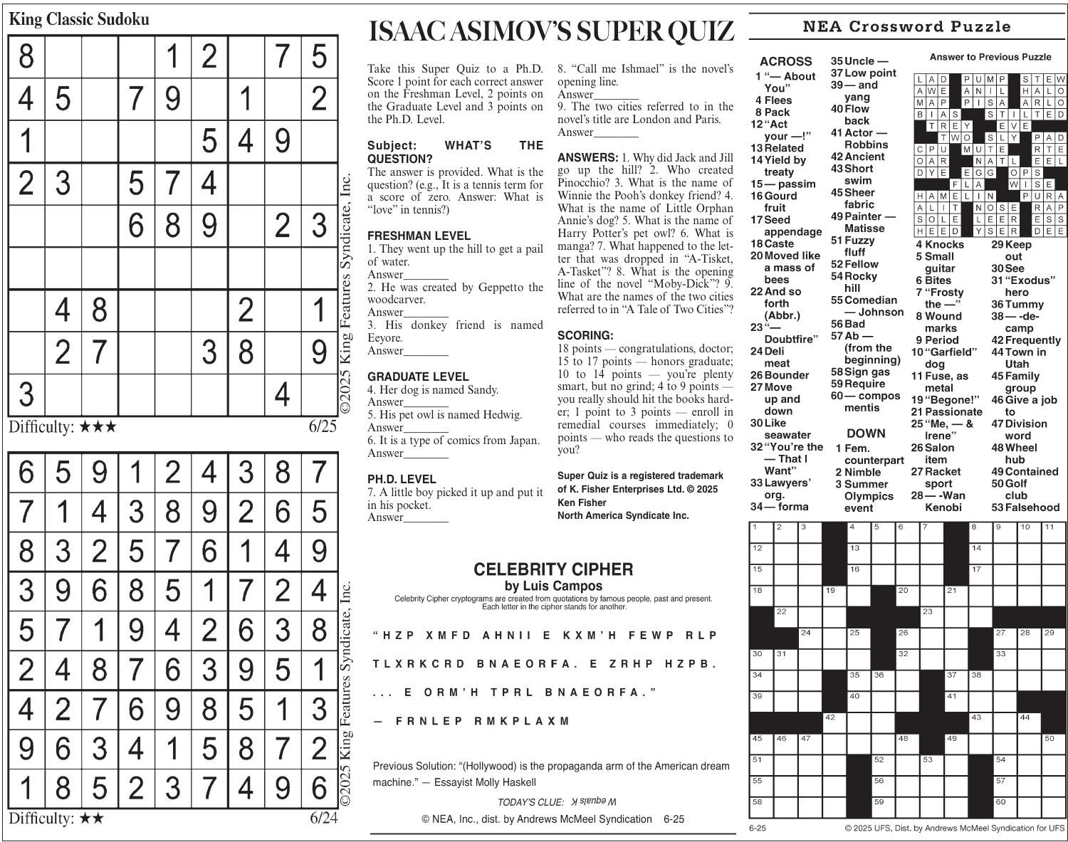 Wednesday, June 25, 2025 Comics and Puzzles | Daily Comics