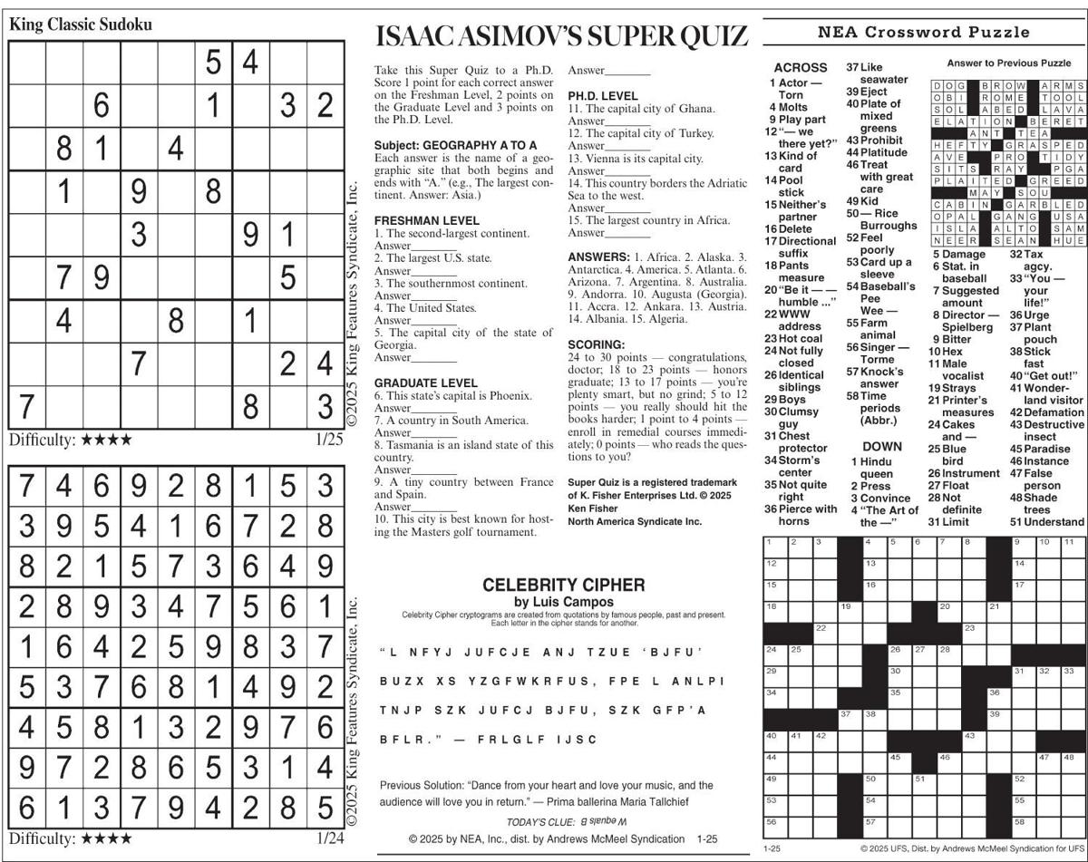 Saturday, January 25, 2025 Comics and Puzzles Daily Comics