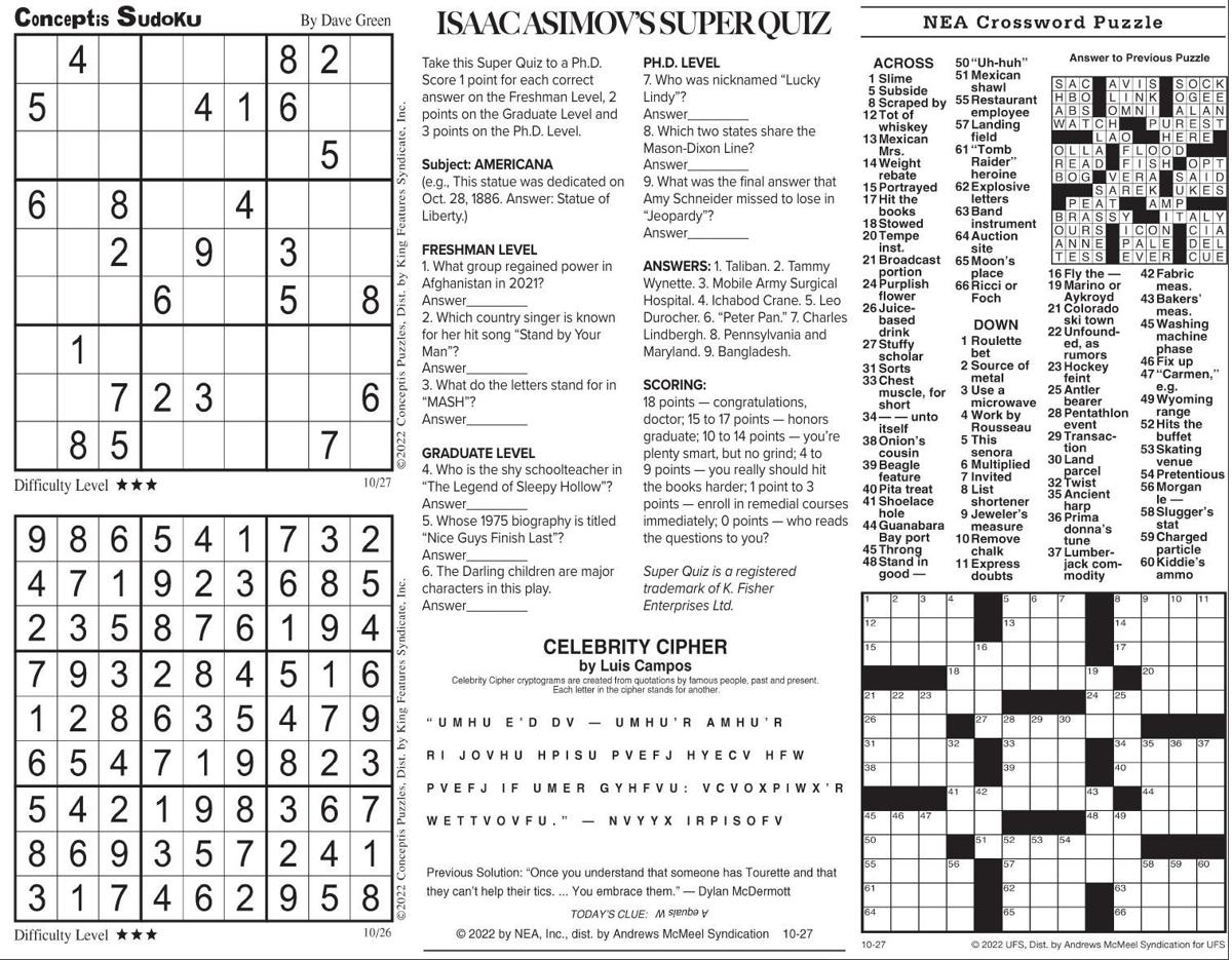 Thursday, October 27, 2022 Comics and Puzzles | Daily Comics ...