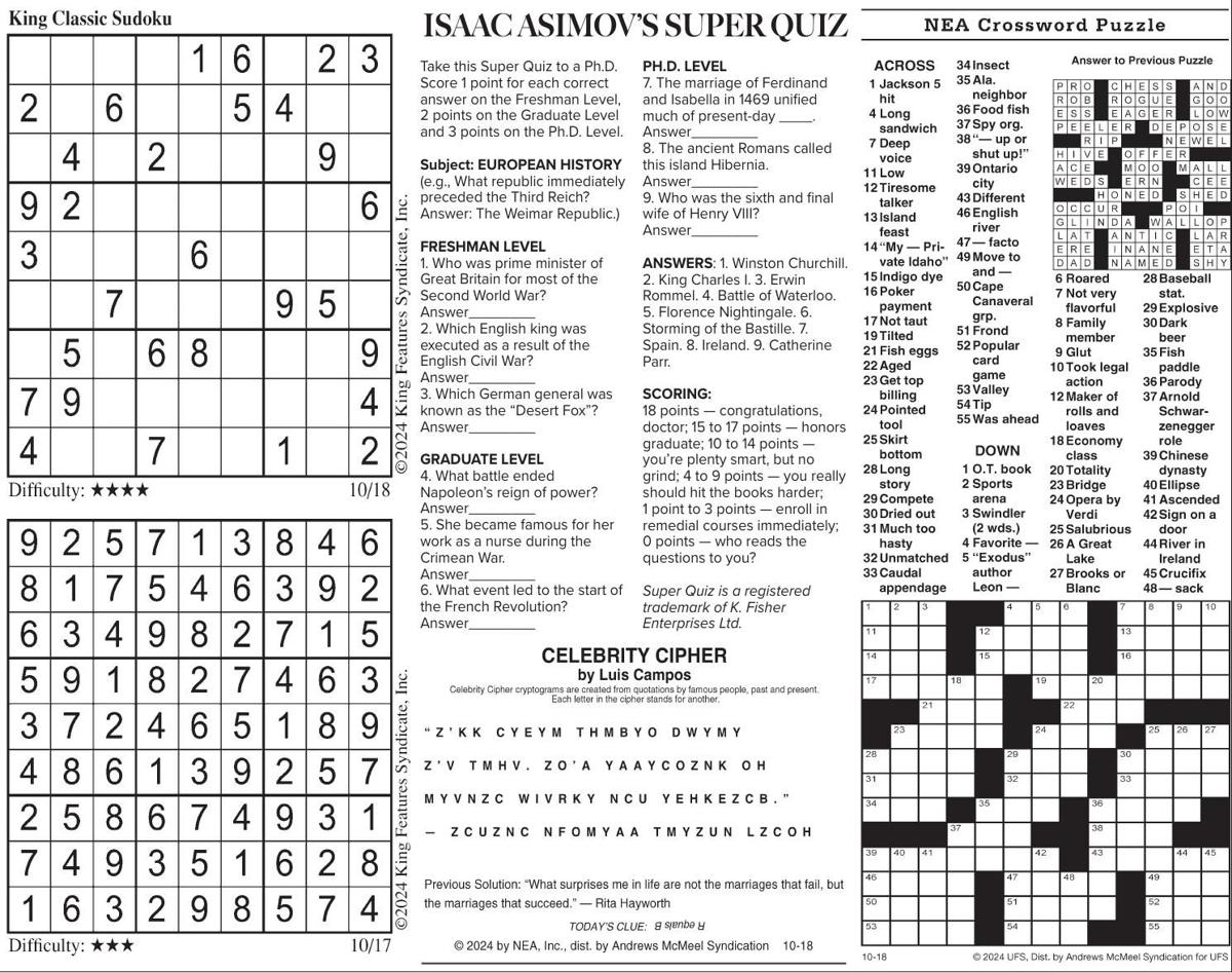 Friday, October 18, 2024 Comics and Puzzles Daily Comics