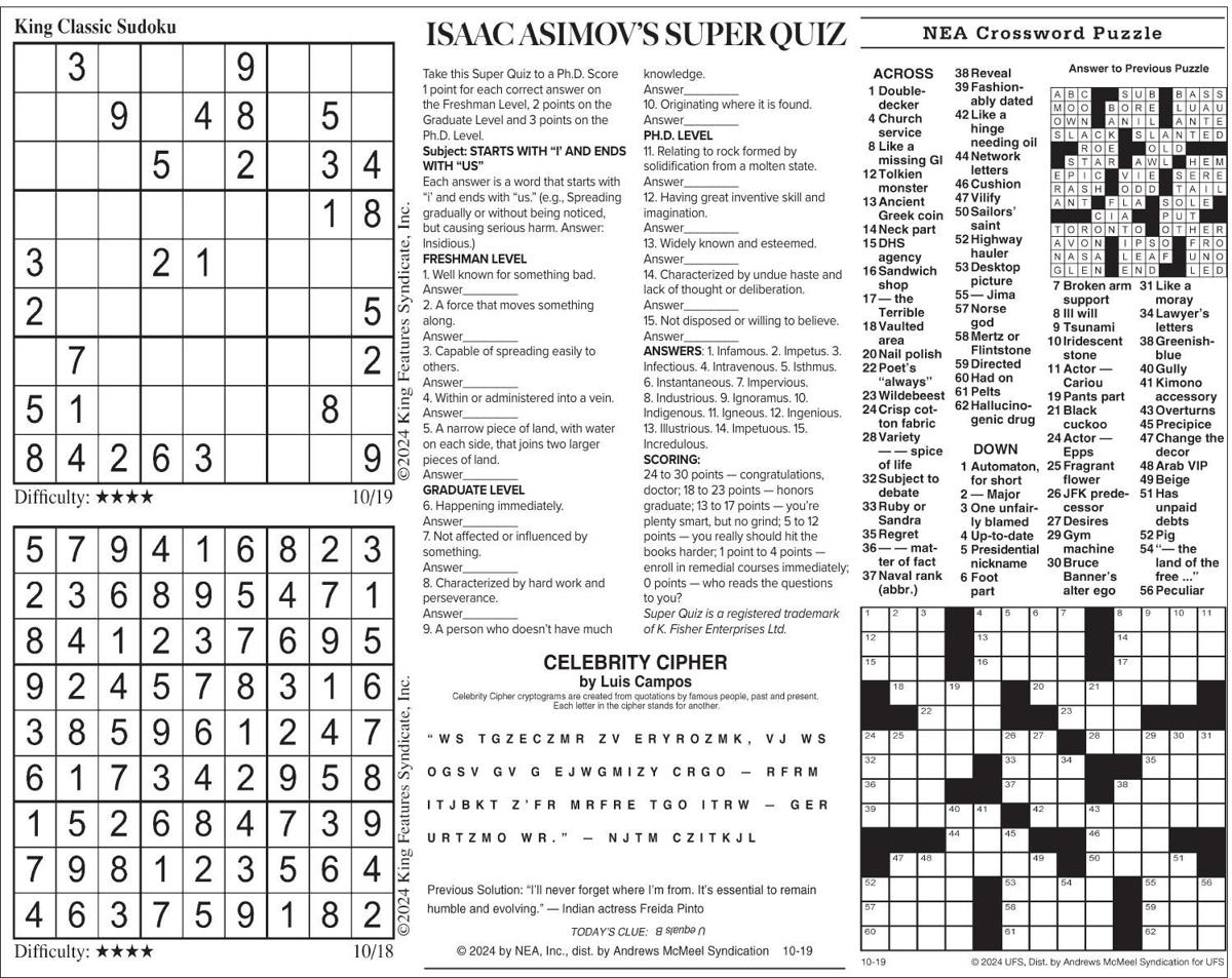 Saturday, October 19, 2024 Comics and Puzzles Daily Comics