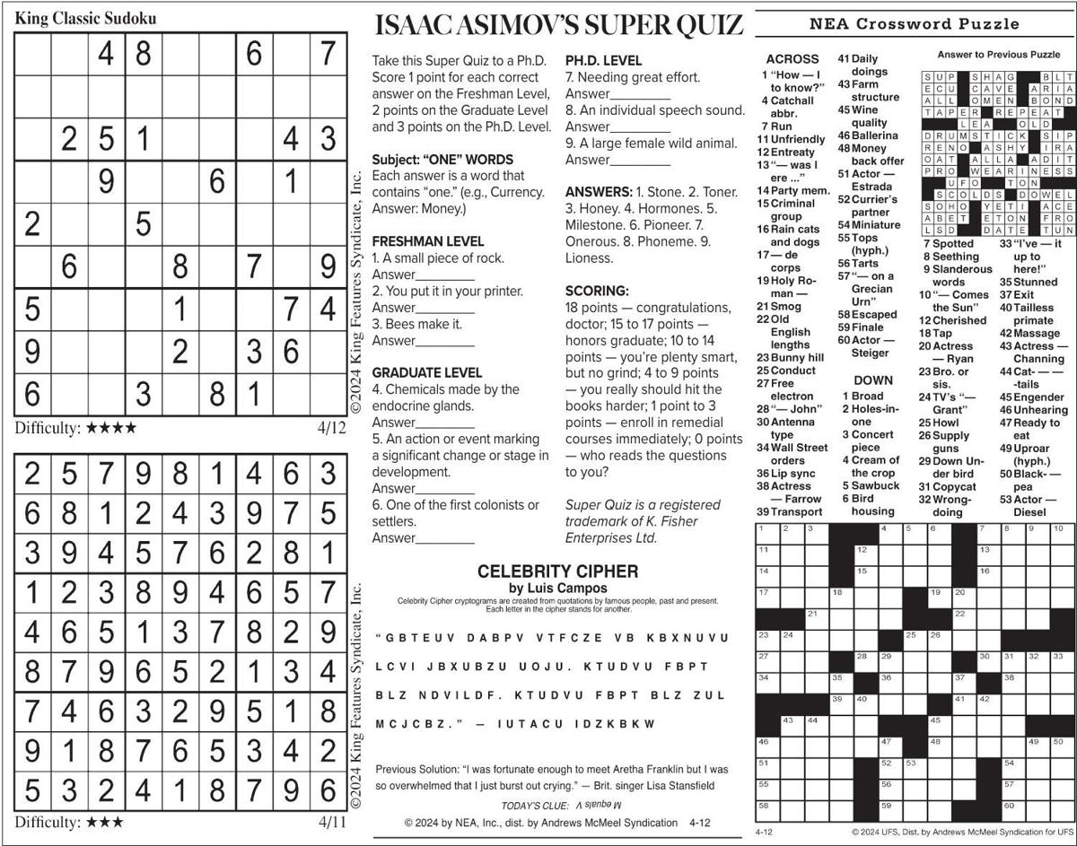 Friday, April 12, 2024 Comics and Puzzles | Daily Comics | timeswv.com