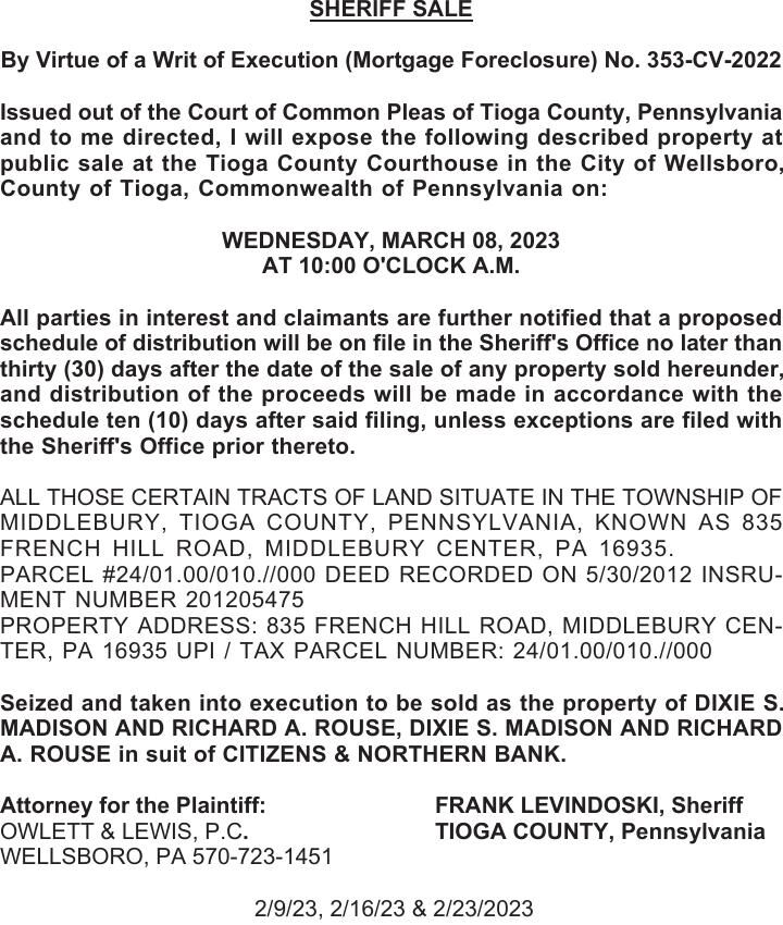 SHERIFF SALE By Virtue of a Writ of