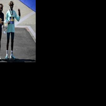 Kenyans Sharon Lokedi and John Korir celebrate their victories at the 2025 Boston Marathon