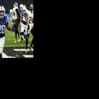 Indianapolis running back Jonathan Taylor celebrates scoring the winning touchdown in overtime to give the Colts an NFL victory over Atlanta at Berlin Olympic Stadium