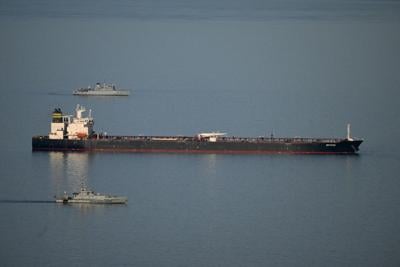 British military ships escort the Smyrtos, which has been linked to Russia's shadow fleet.