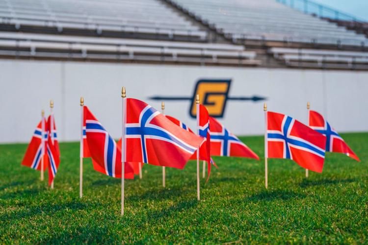 Norwegian flags displayed at UNCG’s Soccer Stadium, where the Norwegian Men’s National Football Team will train ahead of the 2026 World Cup. (Photo: UNC Greensboro / Sean Norona)
