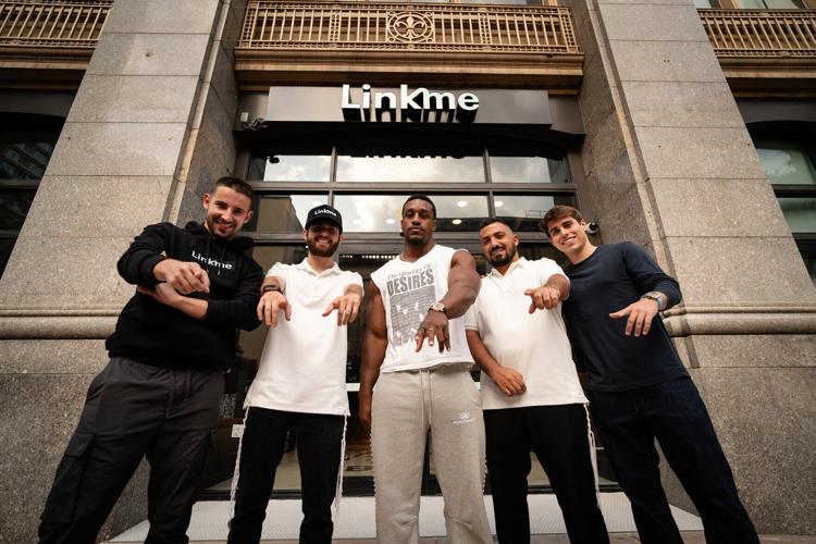 (L-R) Val Share, Co-Founder & COO; Net Kohen, Co-Founder & CEO; Ashton Hall, creator and Link.me power user; Daniel Benlulu, Chief Strategy Officer; and Dre Medici, Co-Founder, outside Link.me's Miami headquarters. The team marks the close of FIFA World...