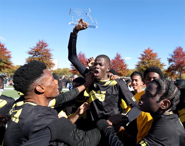 Mamadi Yombouno of the International School of Boston celebrates his team’s win in the Boston City League championship in October 2025. Ken McGagh for the Boston Globe