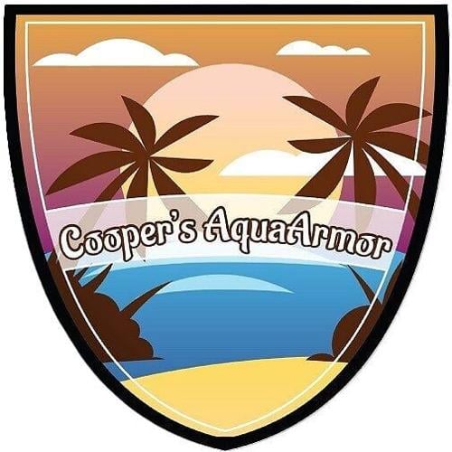 Beach at sunset in an Shield shaped Logo with "Cooper's AquaArmor" across the center