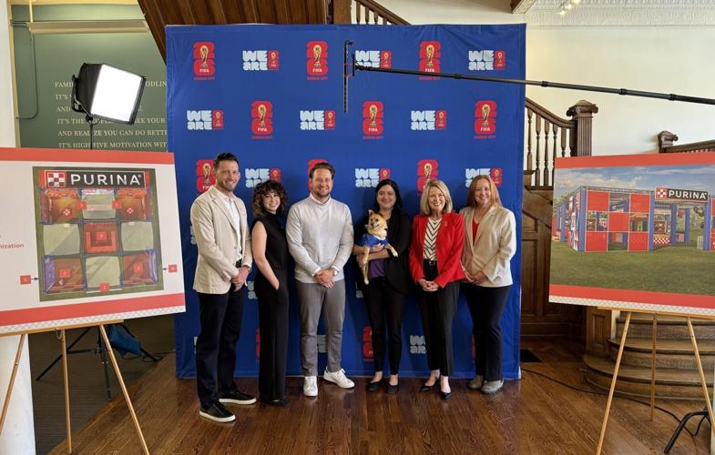 Representatives from Purina, KC2026 and KC Pet Project gather with Keeper, a mixed-breed dog available for adoption through KC Pet Project, announce Purina's Dog Days experience at the FIFA Fan Festival™ in Kansas City, Mo. Pictured from left: Christian...