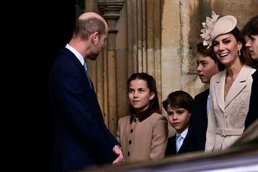 Britain's Prince William, Prince of Wales, Britain's Princess Charlotte of Wales, Britain's Prince Louis of Wales, Prince of Wales, Britain's Prince George of Wales and Britain's Catherine, Princess of Wales arrive at St George's Chapel, in Windsor, wes...