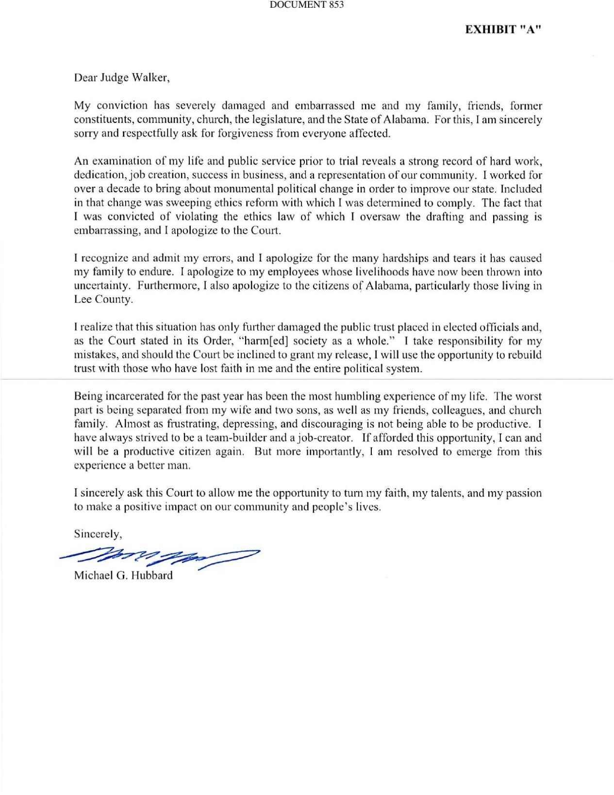 Hubbard's letter to the court